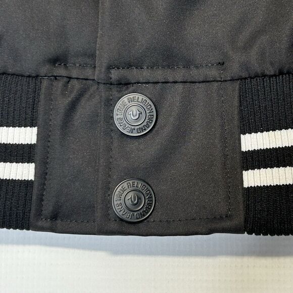 True Religion Jacket Mens 2XL Button Snap Satin Bomber Black Horseshoe Logo - Picture 12 of 16